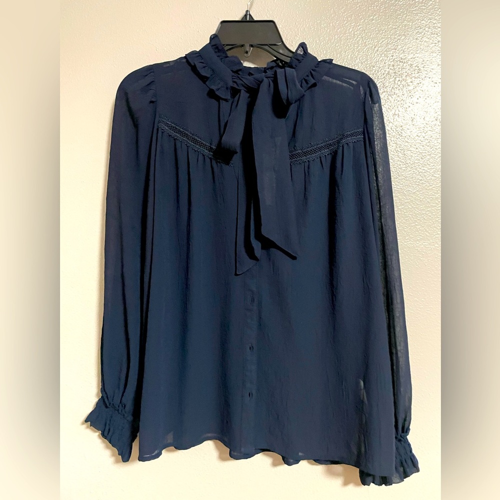 Zara Sheer Blouse with tie in navy blue size S